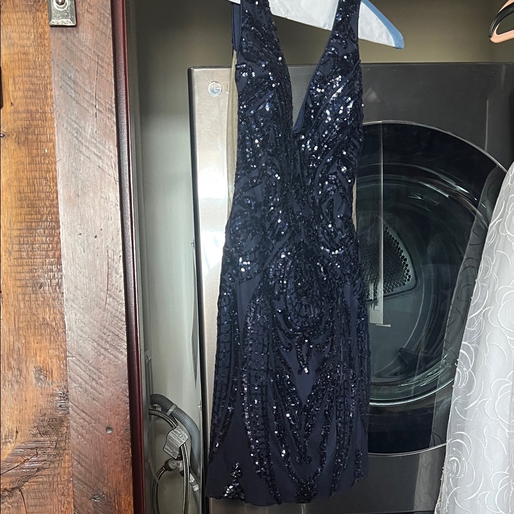 Elegant Navy Sequin V-Neck Women's Dress